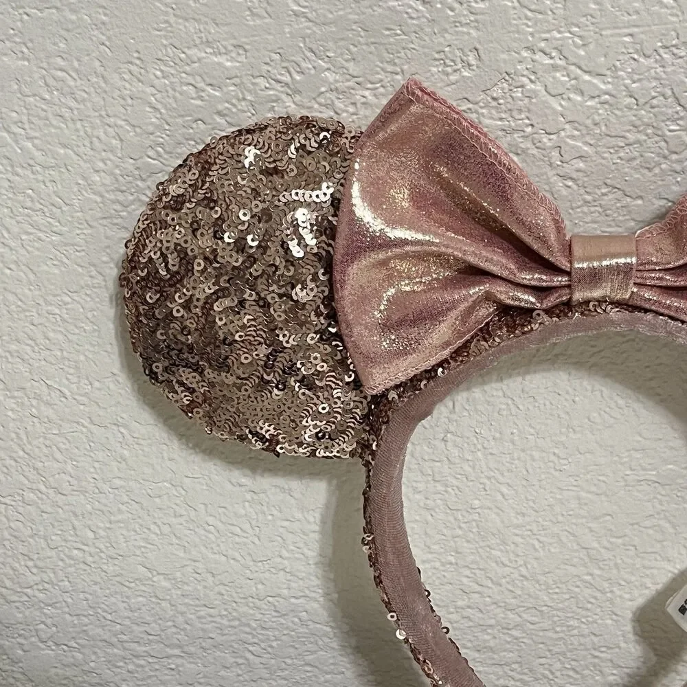 Disney Parks Minnie Mouse Ears Rose Gold Champagne Bow Sequin Headband